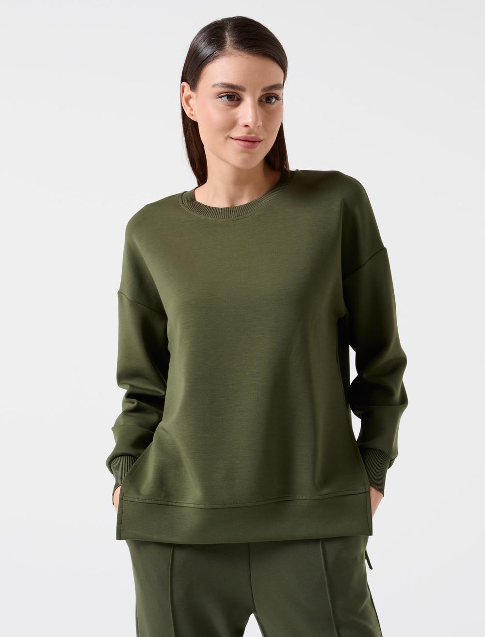 Bayan Haki Bol Kesim Bisiklet Yaka Uzun Kollu Oversize Sweatshirt