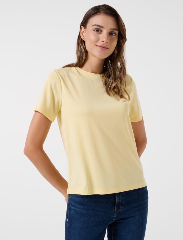 Bayan Sarı Düz Kesim Bisiklet Yaka Kısa Kollu Basic Tişört