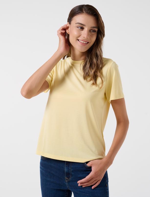 Bayan Sarı Düz Kesim Bisiklet Yaka Kısa Kollu Basic Tişört