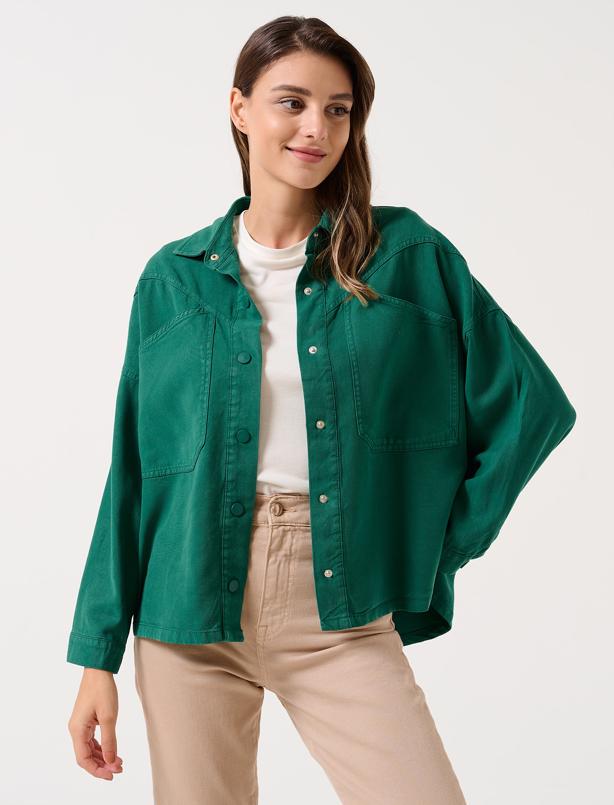 Bayan Koyu Yeşil Bol Kesim Cepli Denim Gömlek Ceket