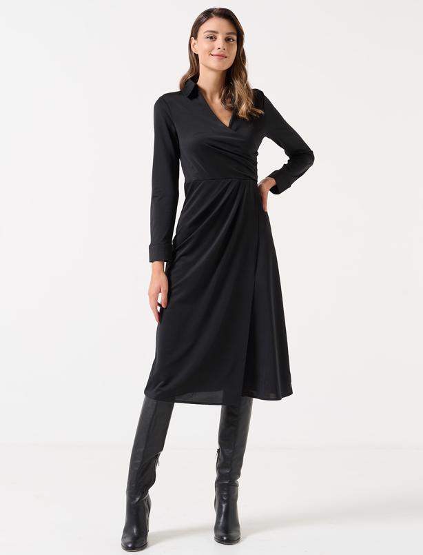 Bayan Siyah Düz Kesim Dik Yaka Uzun Kollu Örme Midi  Elbise