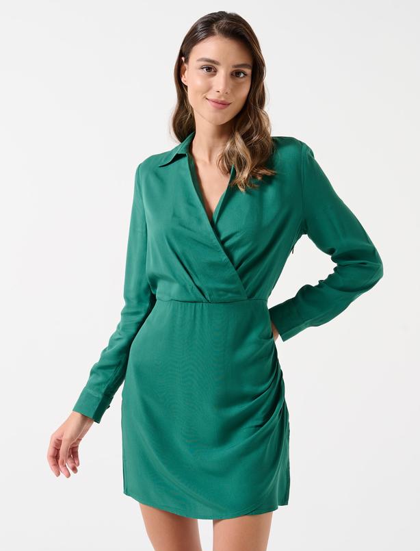 Bayan Yeşil Dar Kesim Dik Yaka Uzun Kollu Saten Mini Elbise