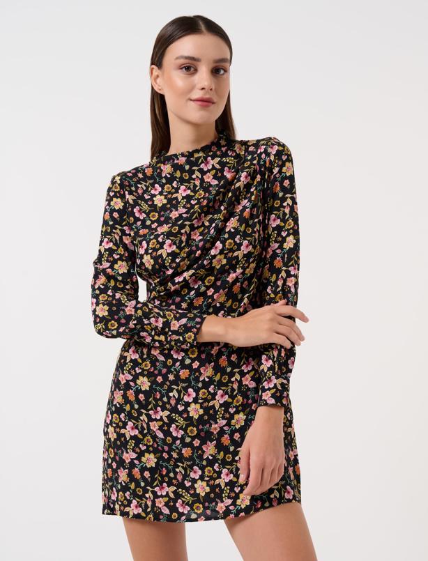Bayan Siyah Düz Kesim Dik Yaka Çiçek Desenli Mini Elbise