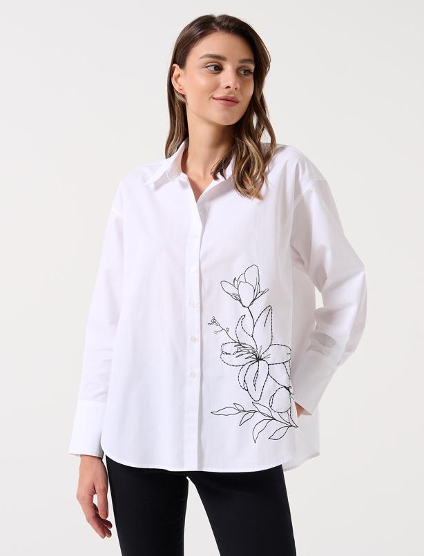 Bayan Beyaz Düz Kesim Uzun Kollu Çiçek Desenli Poplin Gömlek