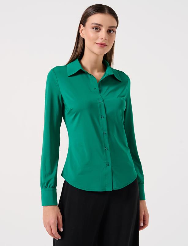 Bayan Yeşil Dar Kesim Uzun Kollu Örme Gömlek