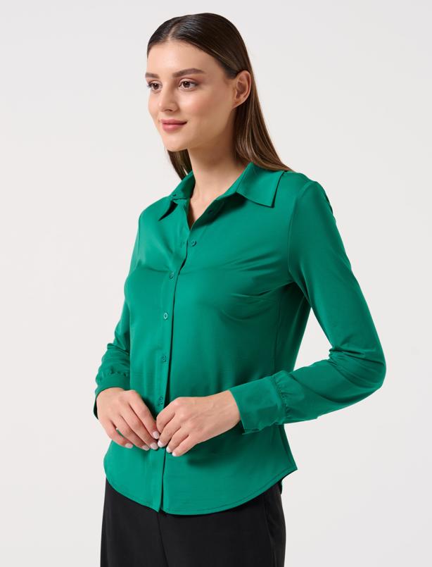 Bayan Yeşil Dar Kesim Uzun Kollu Örme Gömlek