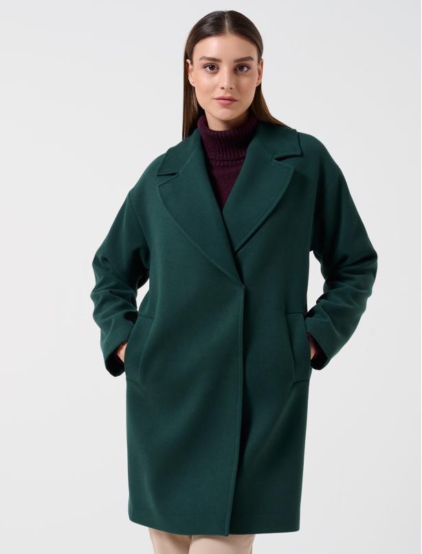 Bayan Koyu Yeşil Düz Kesim Ceket Yaka Kışlık Kaban
