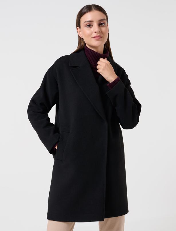 Bayan Siyah Düz Kesim Ceket Yaka Kışlık Kaban