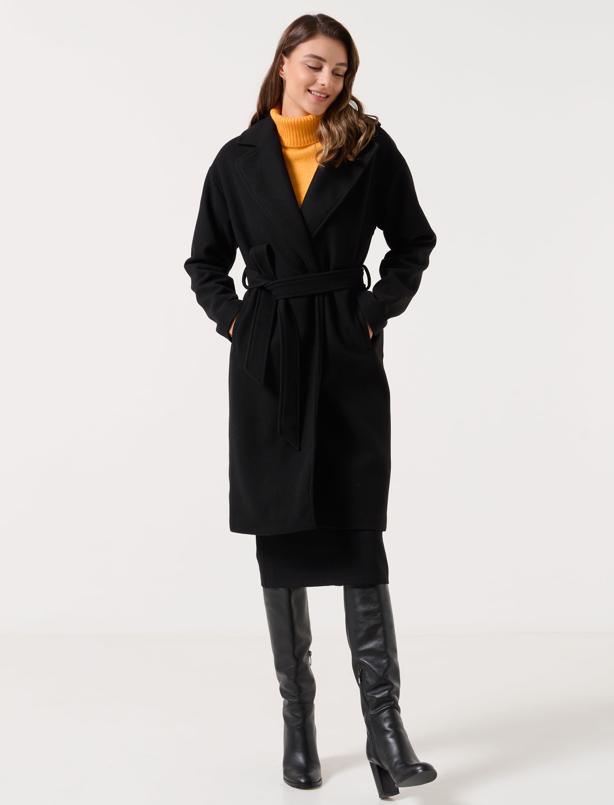 Bayan Siyah Bol Kesim Ceket Yaka Midi Kışlık  Kaban