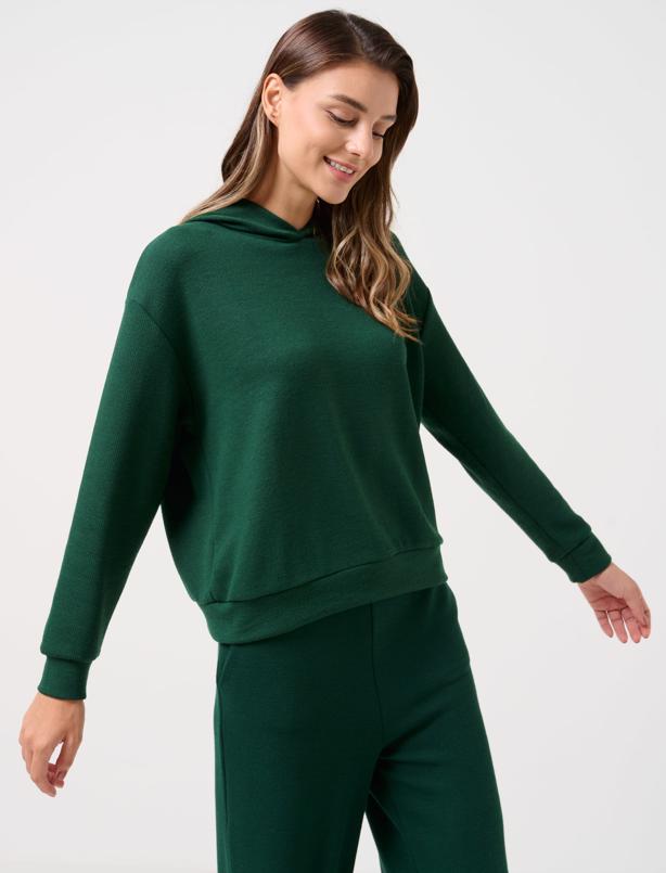 Bayan Koyu Yeşil Düz Kesim Uzun Kollu Kapüşonlu Örme Sweatshirt