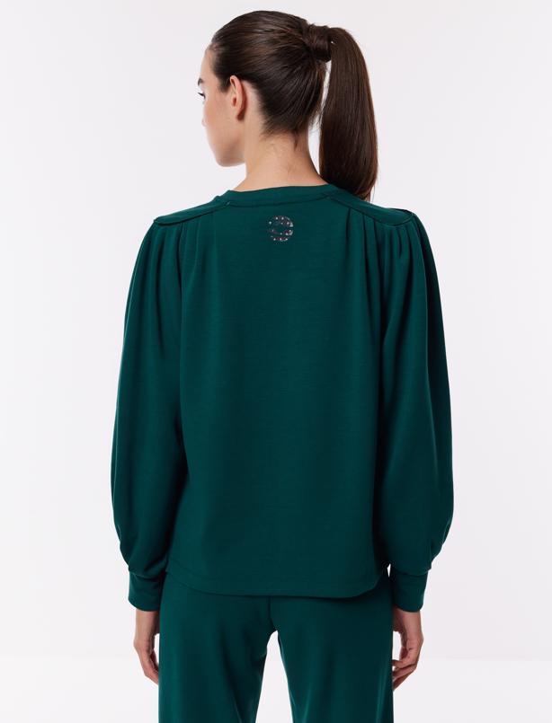 Bayan Koyu Yeşil Bol Kesim Bisiklet Yaka Örme Sweatshirt