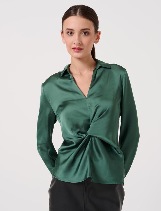 Bayan Koyu Yeşil Düz Kesim Dik Yaka Uzun Kollu Saten Bluz