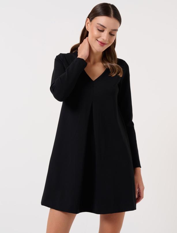 Bayan Siyah Bol Kesim V Yaka Uzun Kollu Örme Mini Elbise