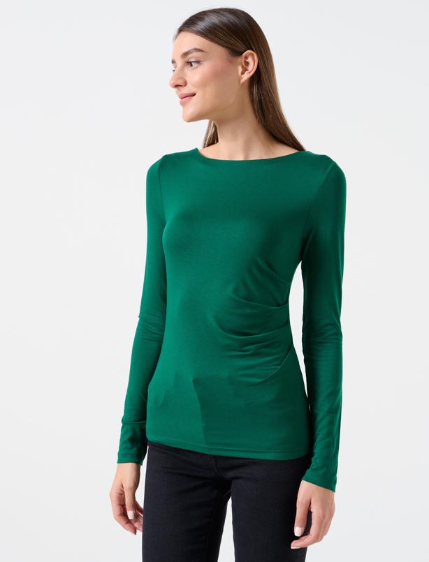 Bayan Yeşil Dar Kesim Kayık Yaka Uzun Kollu Örme Bluz