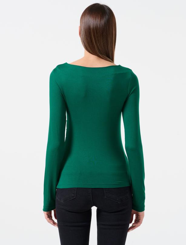 Bayan Yeşil Dar Kesim Kayık Yaka Uzun Kollu Örme Bluz