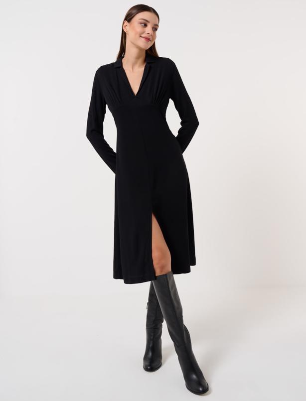 Bayan Siyah Düz Kesim Ceket Yaka Uzun Kollu Midi Elbise
