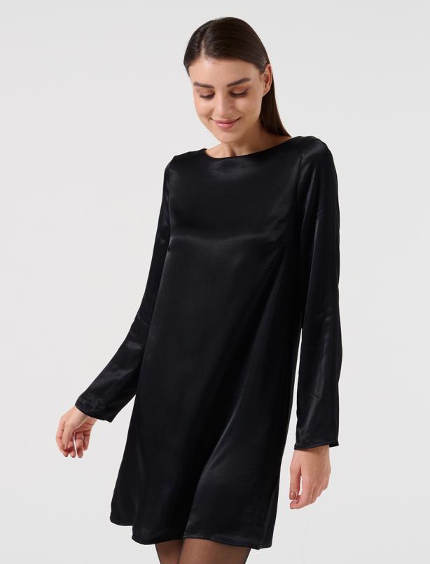 Bayan Siyah Düz Kesim Kayık Yaka Uzun Kollu Saten Elbise