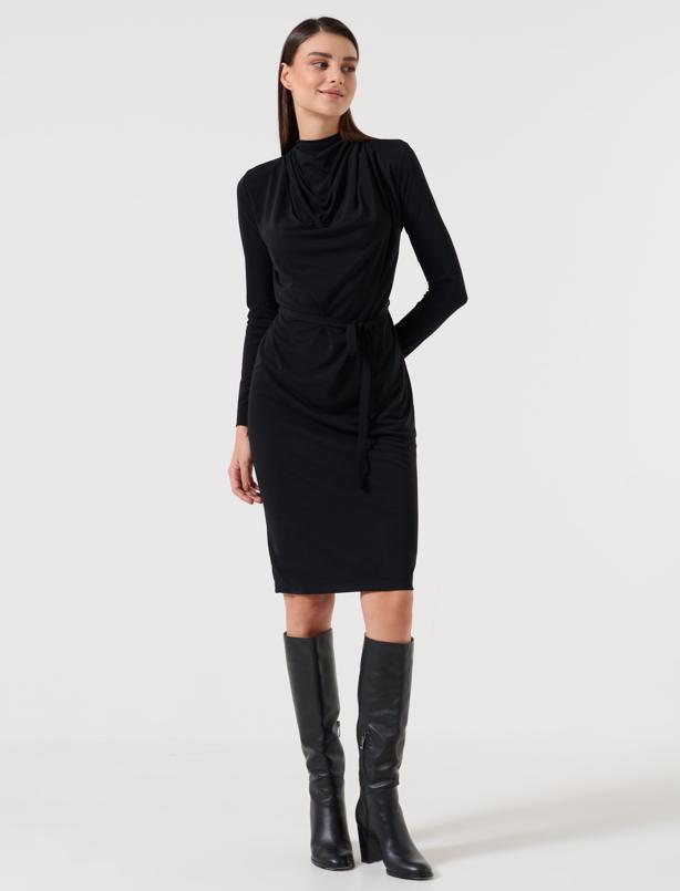 Bayan Siyah Bol Kesim Dik Yaka Uzun Kollu Midi Elbise