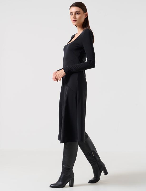 Bayan Siyah Dar Kesim U Yaka Uzun Kollu Örme Elbise
