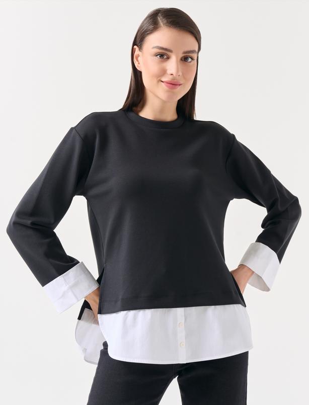 Bayan Siyah Bisiklet Yaka Yırtmaçlı Gömlek Detaylı Sweatshirt