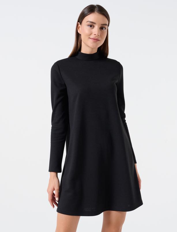 Bayan Siyah Bol Kesim Dik Yaka Uzun Kollu Örme Elbise