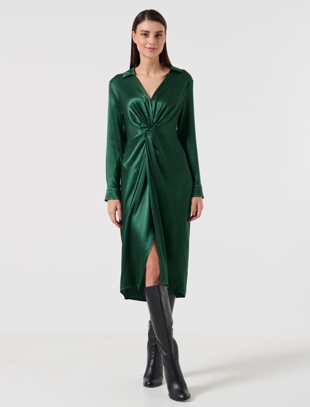 Bayan Yeşil Düz Kesim Dik Yaka Uzun Kollu Saten Elbise