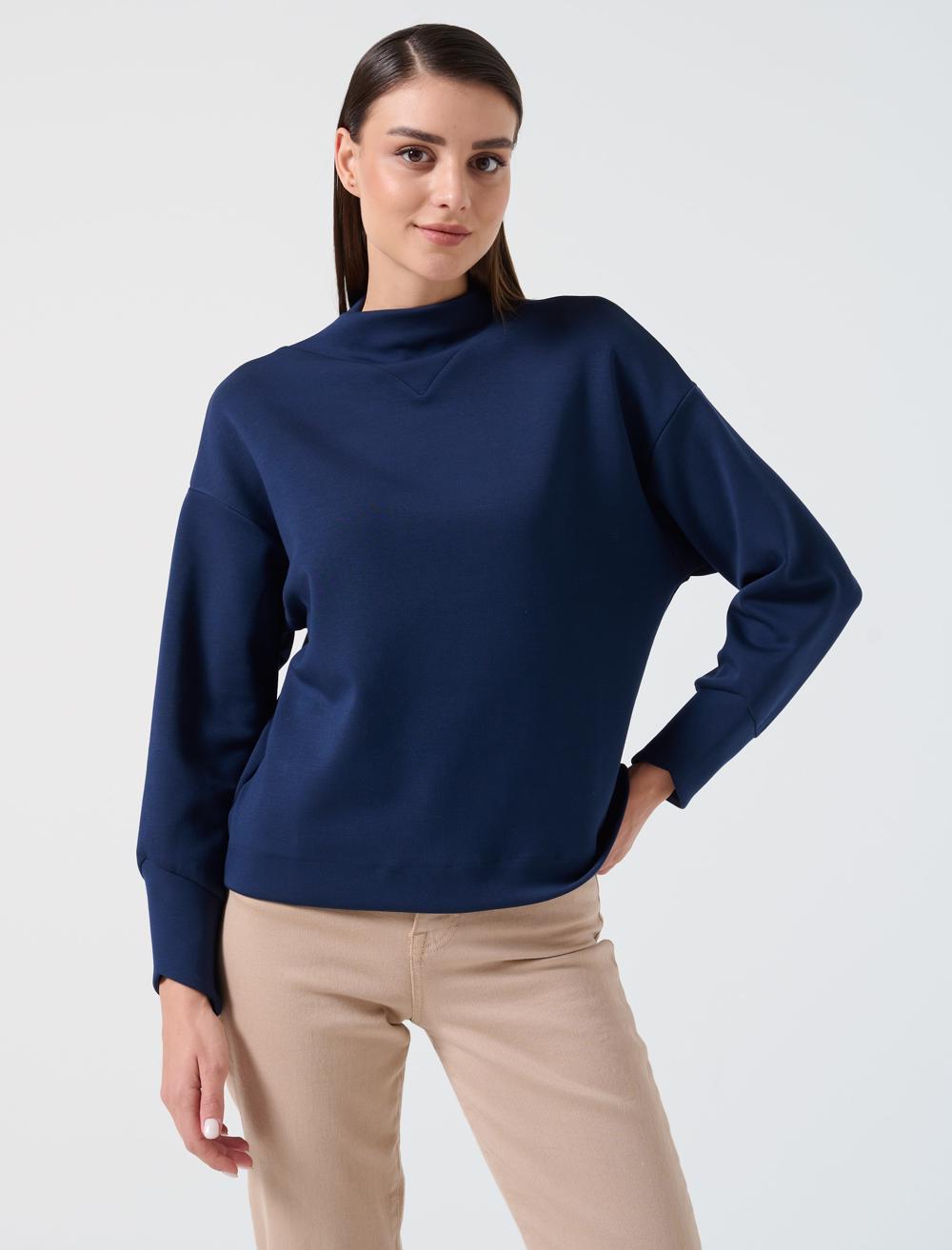 Bayan Lacivert Düz Kesim Dik Yaka Uzun Kollu Örme Sweatshirt