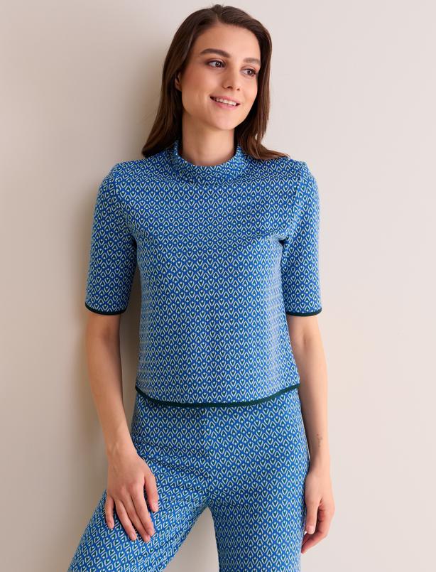 Bayan Mavi Düz Kesim Balıkçı Yaka Kısa Kollu Geometrik Desenli Bluz