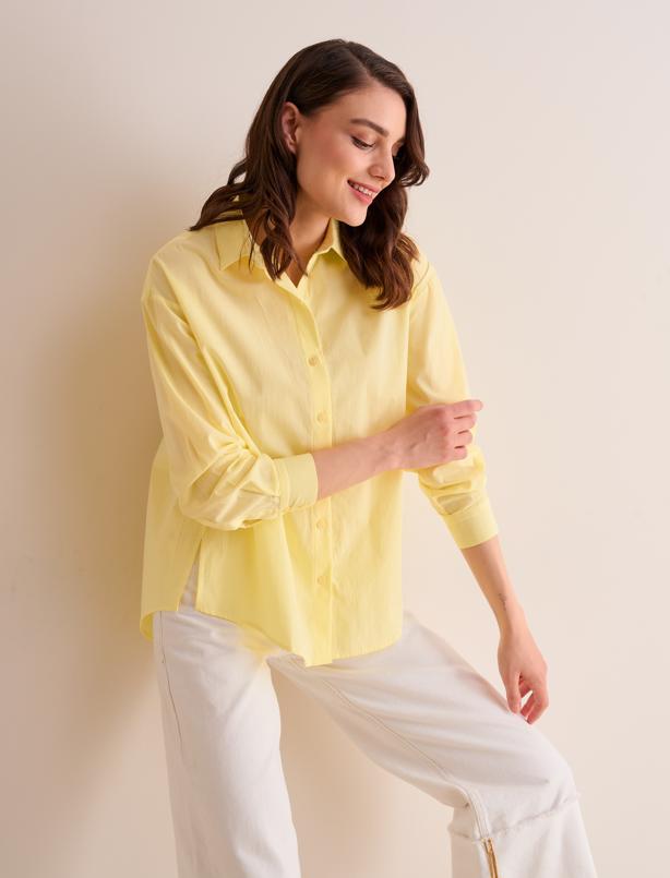 Bayan Sarı Bol Kesim Arkası Uzun %100 Pamuk Basic Gömlek