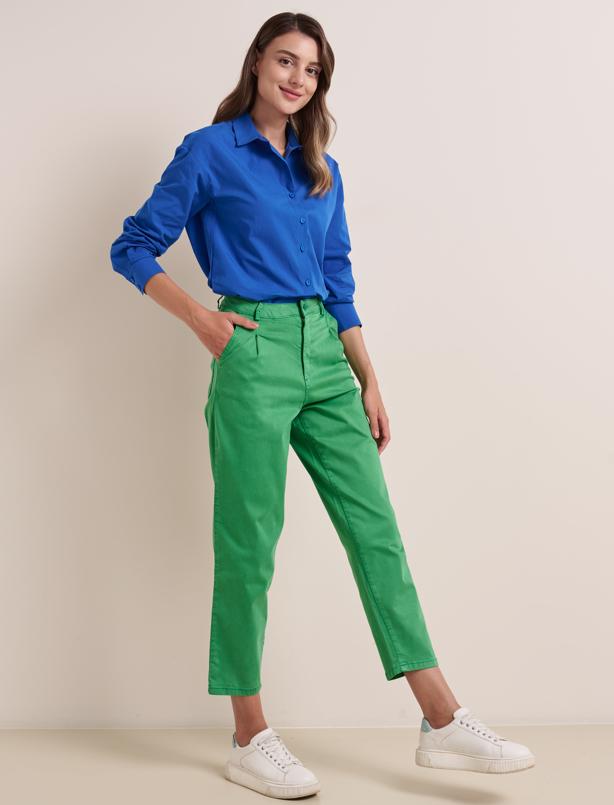 Bayan Koyu Yeşil Düz Kesim Normal Paça Gabardin Pantolon