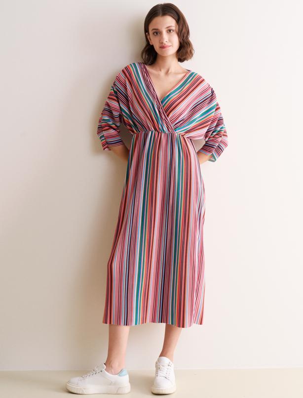 Bayan Karışık Bol Kesim Kruvaze Yaka Renkli Çizgili Desenli Örme Elbise