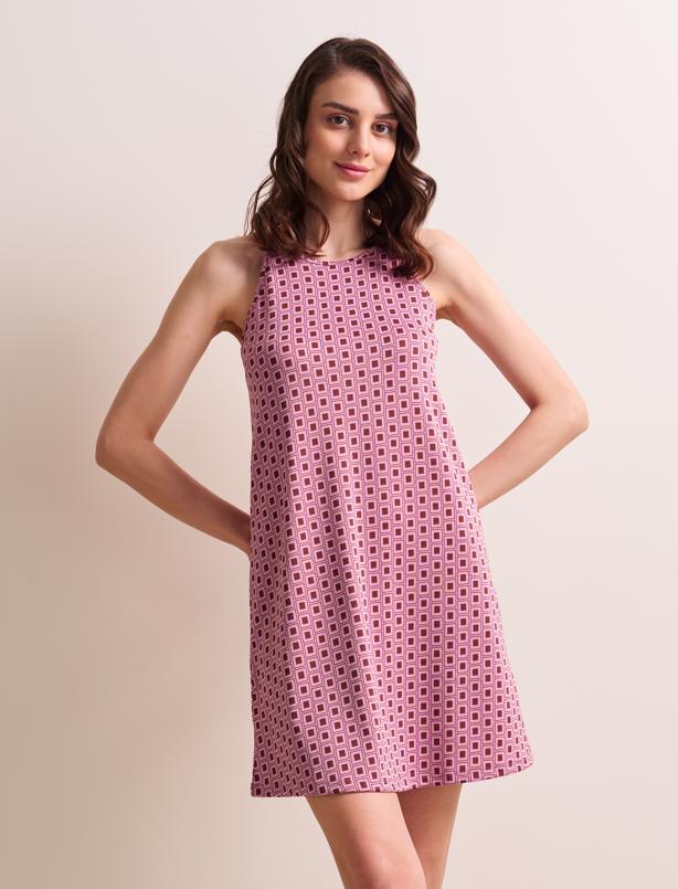 Bayan Açık Pembe Düz Kesim Halter Yaka Askılı Desenli Örme Elbise