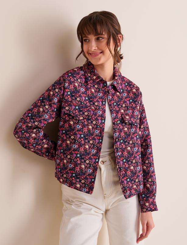 Bayan Lacivert Düz Kesim Gömlek Yaka Uzun Kollu Çiçek Desenli Ceket