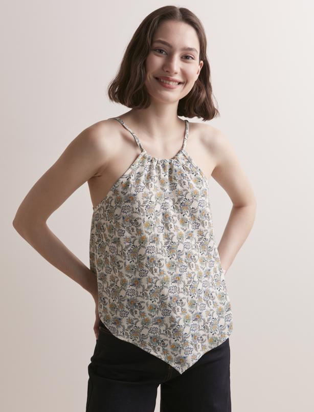 Bayan Ekru Düz Kesim Halter Yaka Askılı Çiçek Desenli Bluz