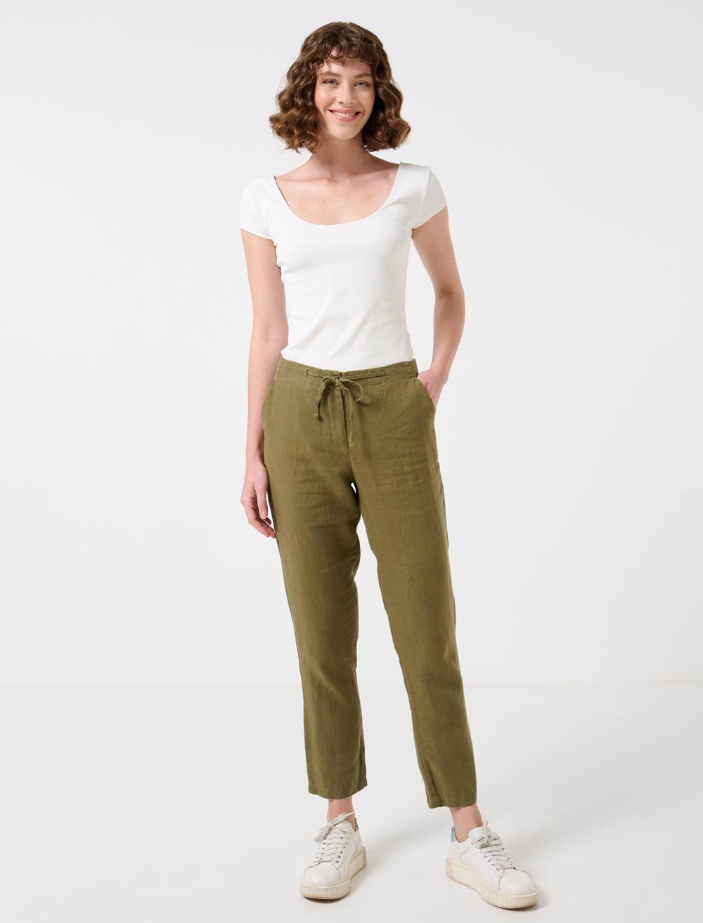 Women Haki Straight Cut Linen Pants with Elastic Waist Pockets