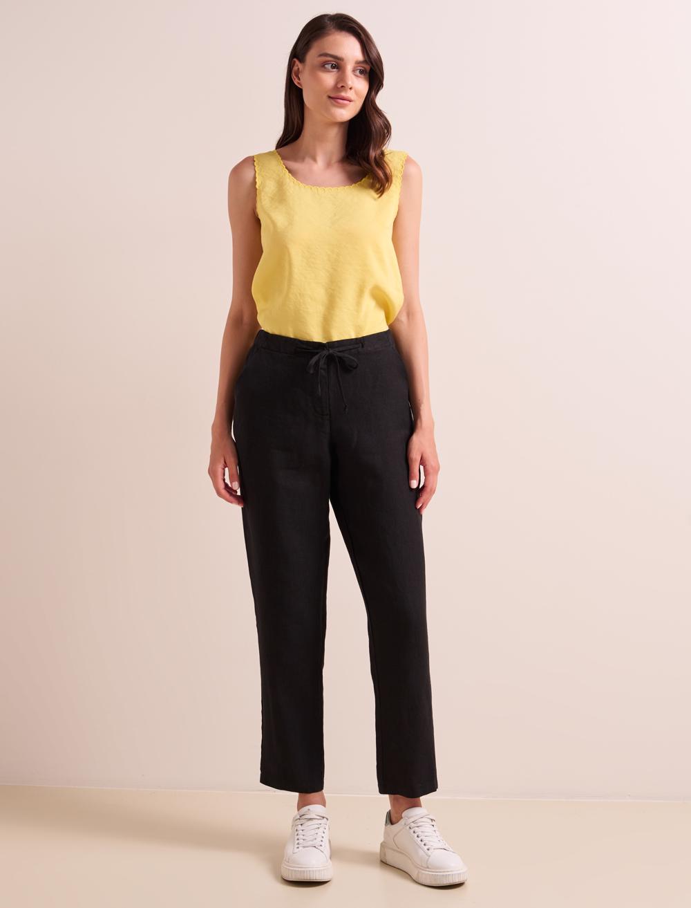 Women Black Straight Cut Linen Pants with Elastic Waist Pockets