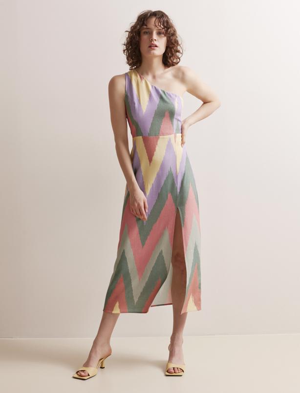 Bayan Karışık Düz Kesim Tek Omuz Geometrik Desenli Keten Elbise