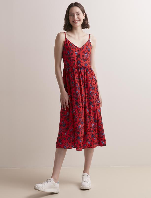 Bayan Turuncu Düz Kesim Askılı V Yaka Pileli Çiçek Desenli Elbise