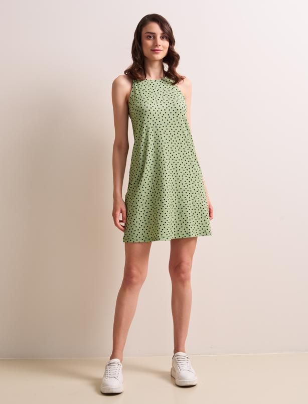 Bayan Yeşil Halter Yaka Askılı desenli Örme Kısa Elbise