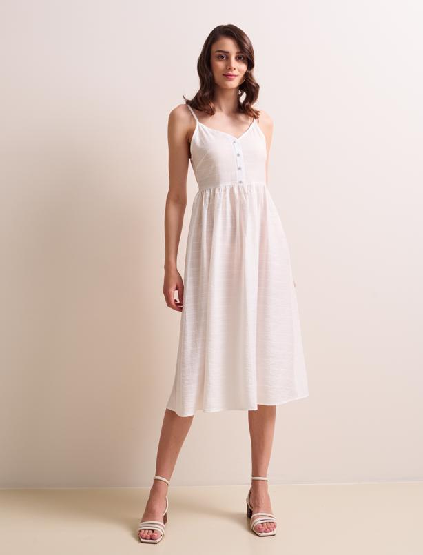 Bayan Beyaz Düz Kesim Açık Yaka Askılı Midi Vual Elbise
