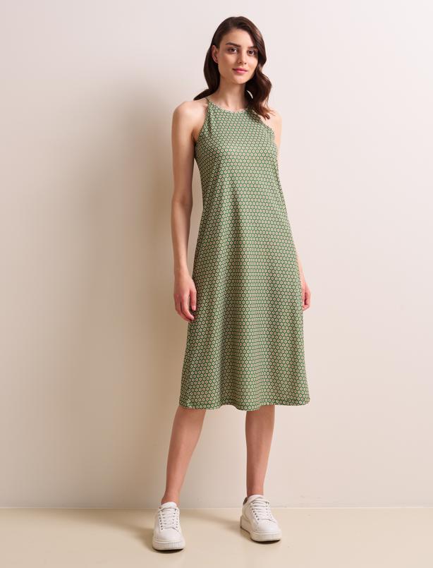 Bayan Yeşil Düz Kesim Halter Yaka Askılı Desenli Örme Elbise