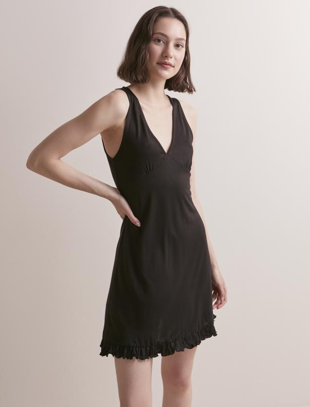 Bayan Siyah Düz Kesim Kolsuz V Yaka Örme Mini Elbise
