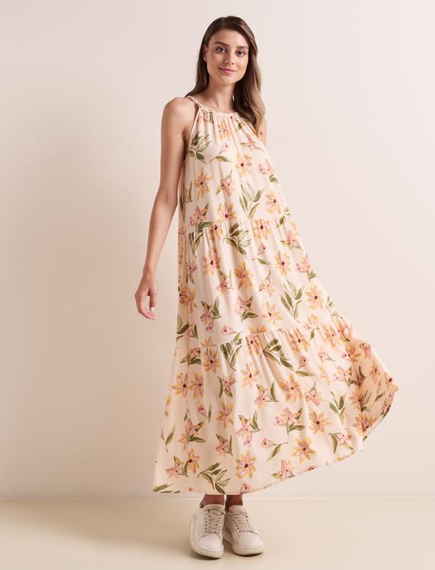 Bayan Bej Bol Kesim Askılı Halter Yaka Çiçek Desenli Elbise