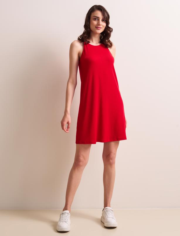 Bayan Kırmızı Düz Kesim Halter Yaka Askılı Midi Örme Elbise