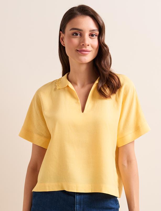 Bayan Sarı Bol Kesim Polo Yaka Kısa Kollu Keten Bluz