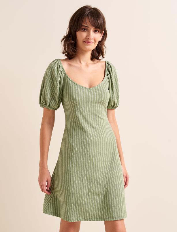 Bayan Yeşil Düz Kesim Açık Yaka Kısa Kollu Çizgili Örme Elbise