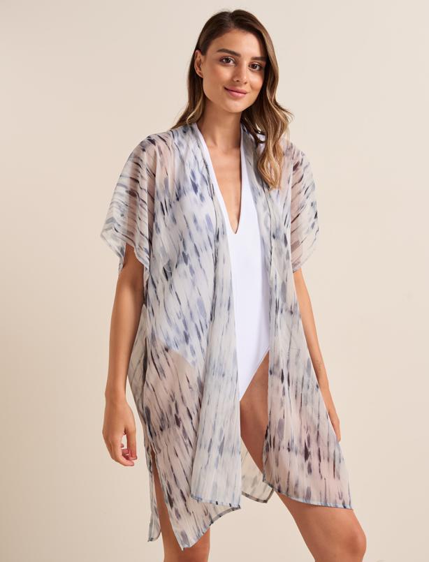 Bayan Mavi Bol Kesim Açık Yaka Kolsuz Desenli Plaj Kimono