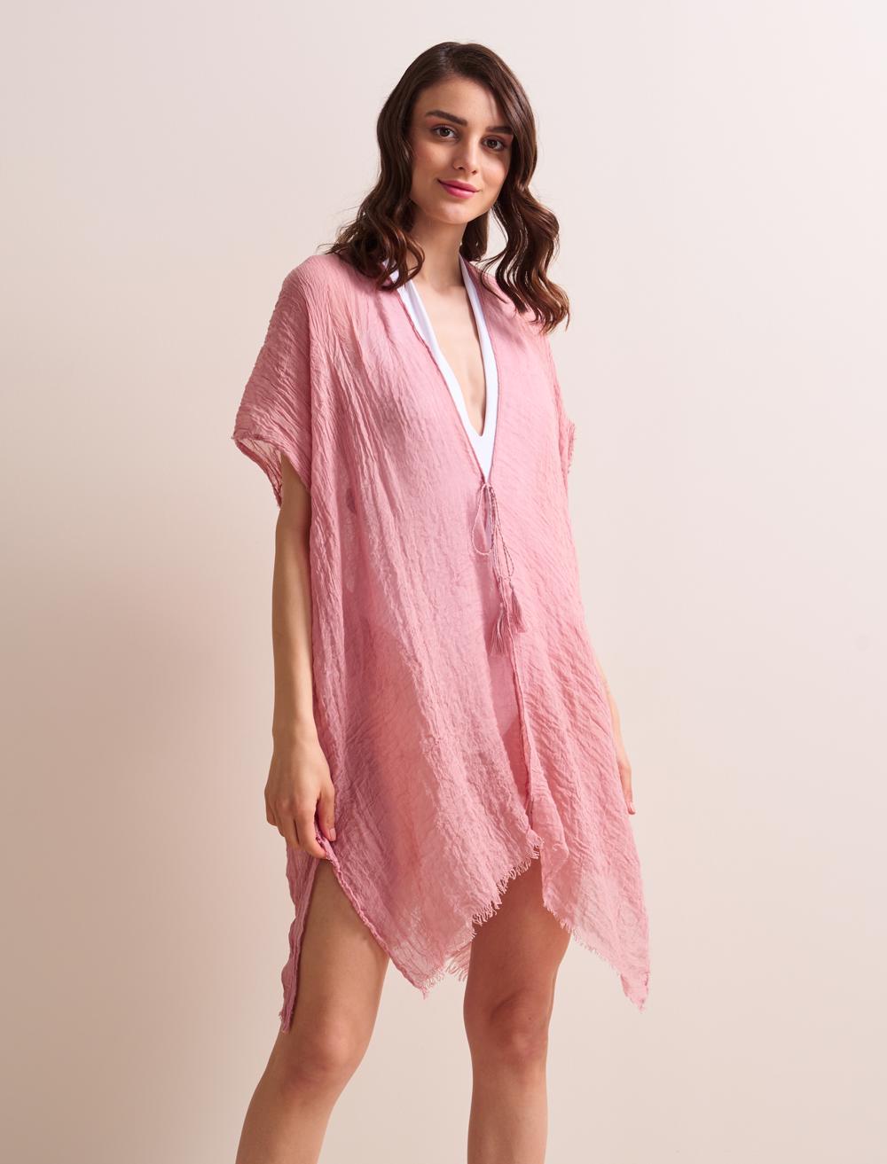 Bayan Pembe Düz Kesim Açık Yaka Kısa Kollu Uzun Plaj Kimono