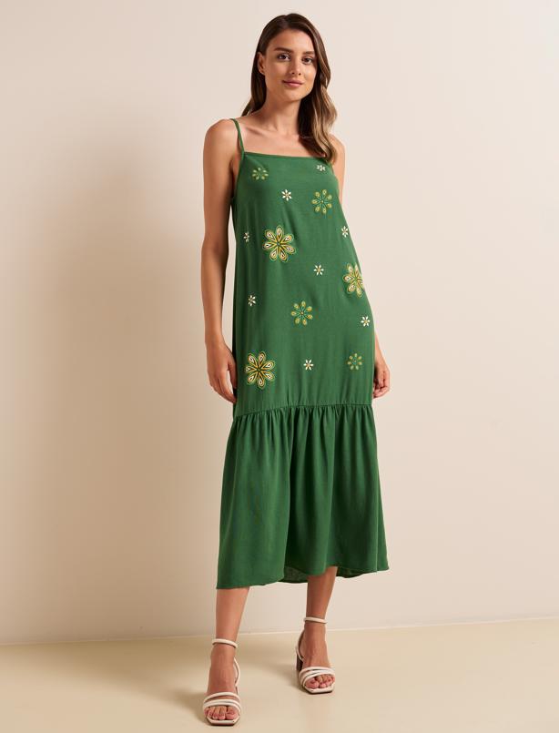 Bayan Yeşil Bol Kesim Askılı Açık Yaka Keten Elbise