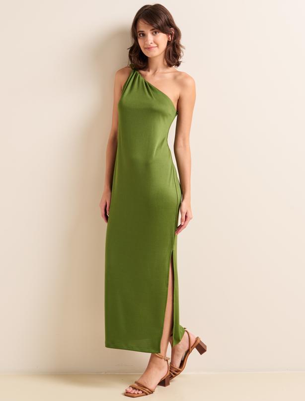 Bayan Yeşil Düz Kesim Açık Yaka Tek Omuzlu Örme Elbise